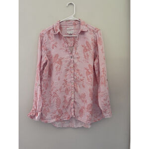 Anthropologie Cynthia Rowley M Pink Linen Printed Button Shirt Blouse Workwear